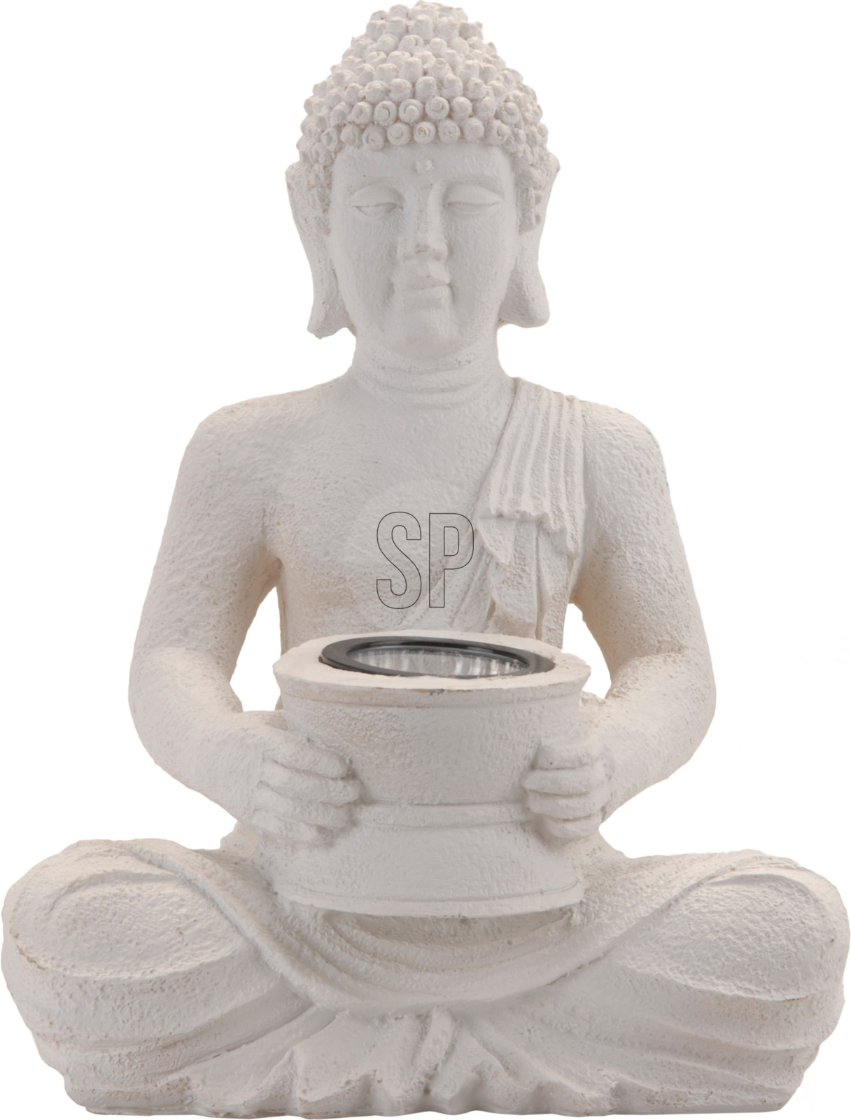 BUDDHA FIGUR I KORSBENET STILLING MED SOLLYS I HNDERNE  REN HVID