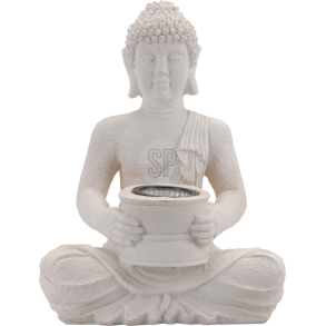 BUDDHA FIGUR I KORSBENET STILLING MED SOLLYS I HNDERNE  REN HVID