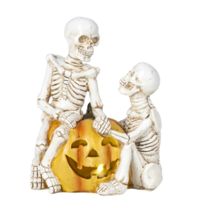 SKELET P�- OG VED GR�SKAR MED LED LYS � HVID OG ORANGE 