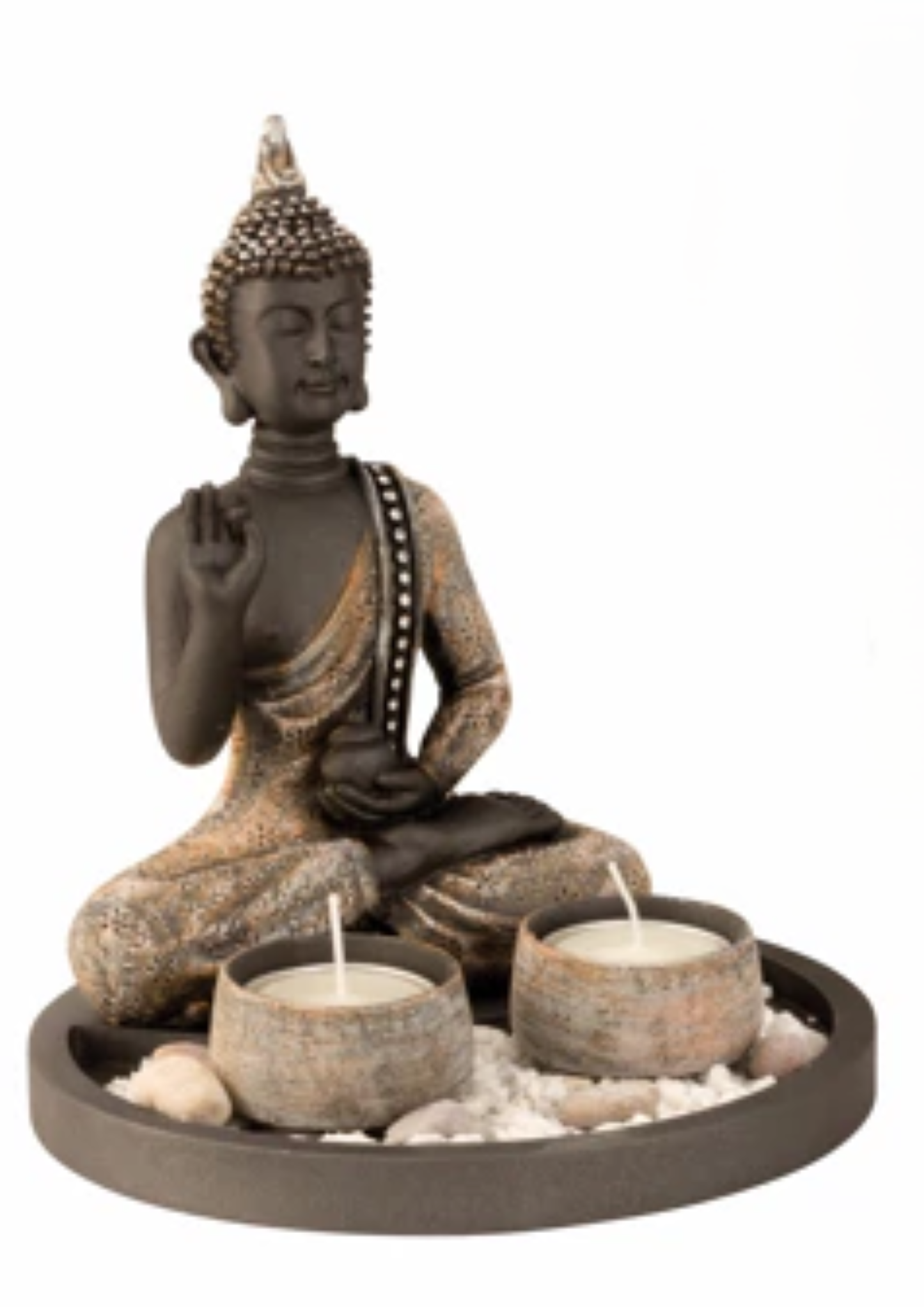 BUDDHA S�T MED 2 FYRFADSSTAGER H21,5 CM � GR�