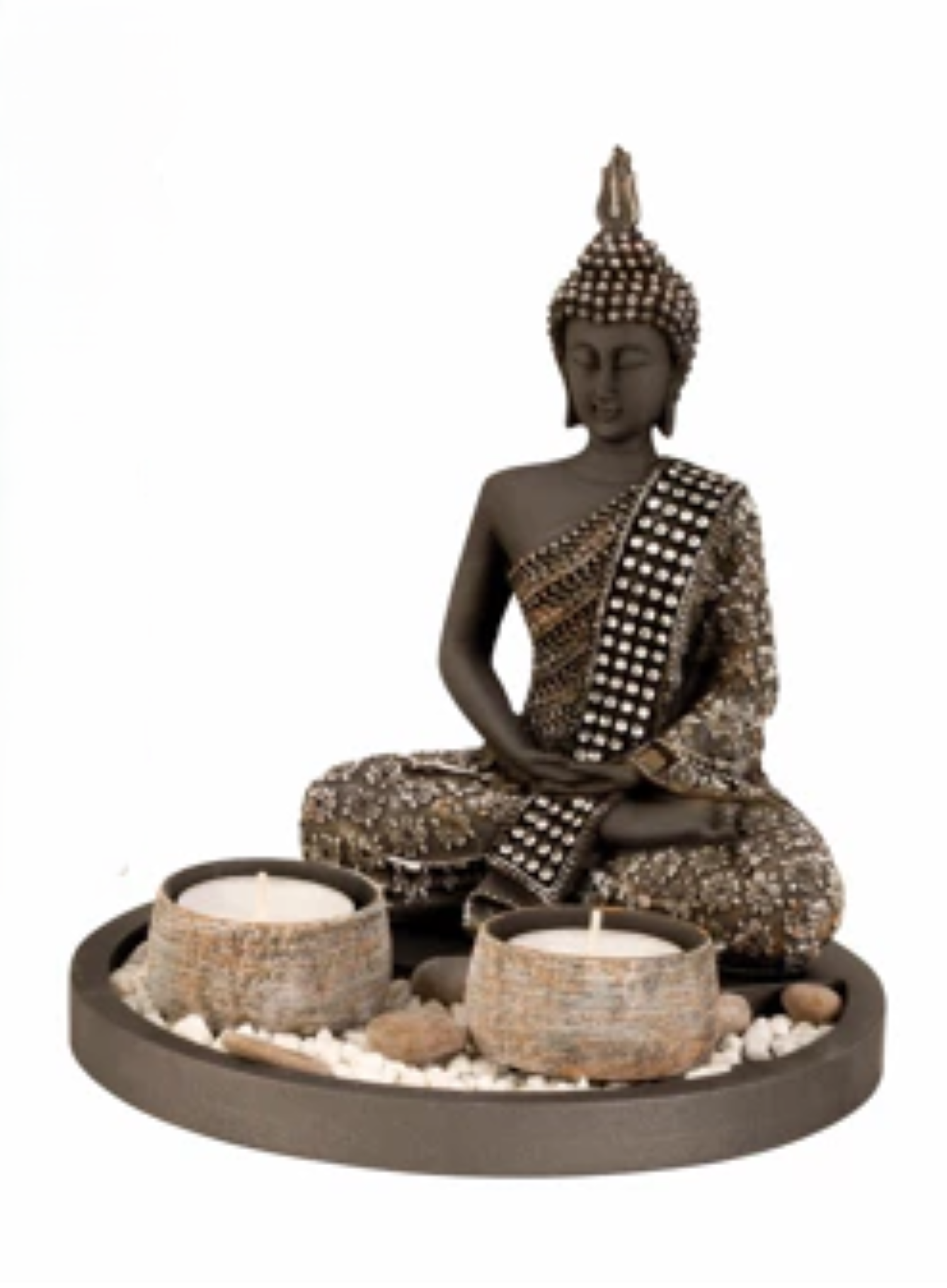BUDDHA LOTUSSTILLING S�T MED 2 FYRFADSSTAGER H21,5 CM � GR�