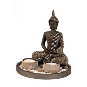 BUDDHA LOTUSSTILLING S�T MED 2 FYRFADSSTAGER H21,5 CM � GR�