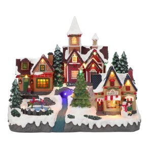 LANDSBYSCENE MED SKJTELBERE 36 X 21 X 29 CM  FLERFARVET