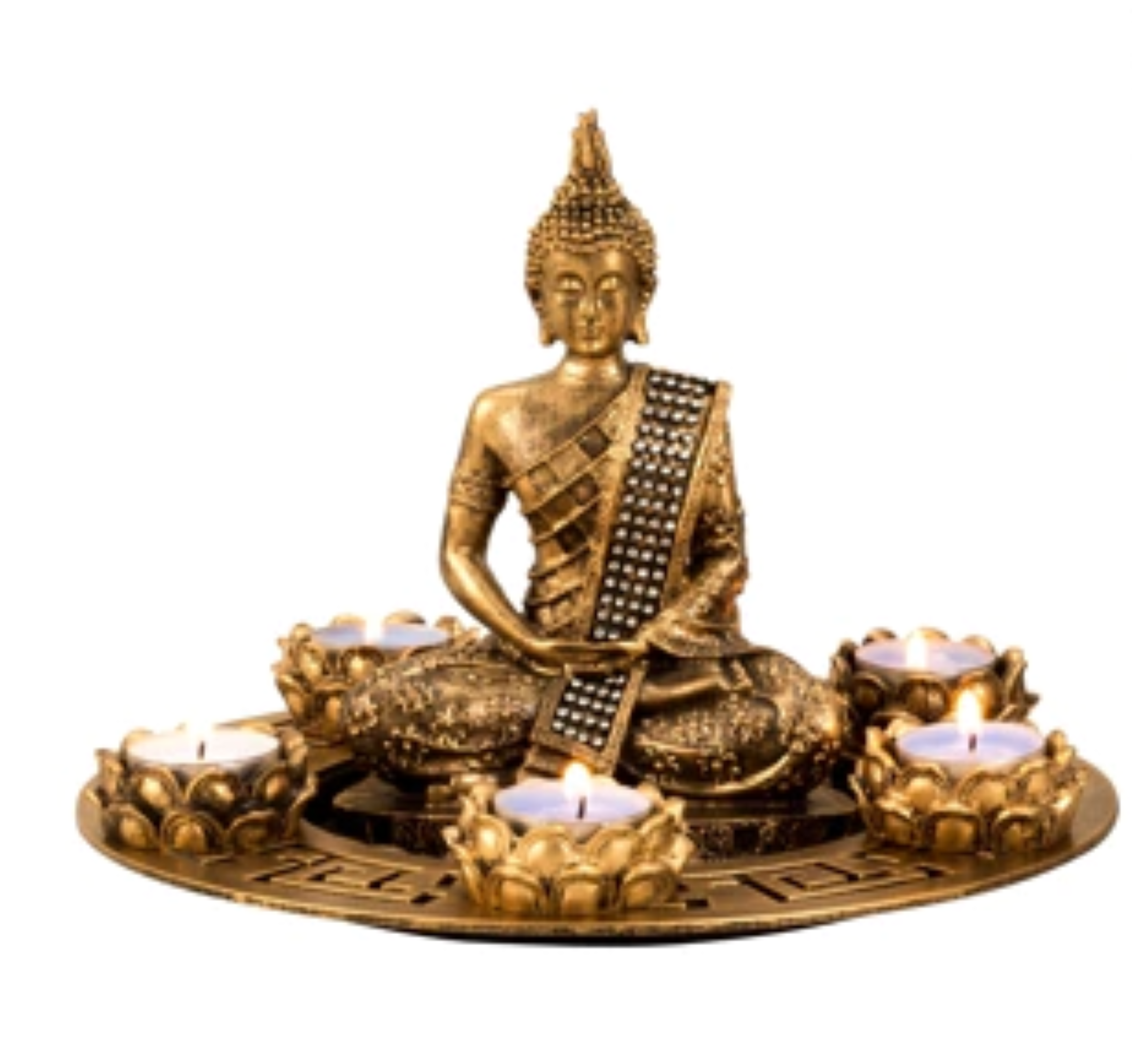 BUDDHA S�T MED 5 FYRFADSSTAGER H20 CM � GULD