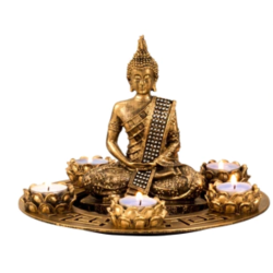 BUDDHA S�T MED 5 FYRFADSSTAGER H20 CM � GULD
