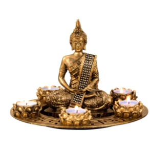 BUDDHA S�T MED 5 FYRFADSSTAGER H20 CM � GULD
