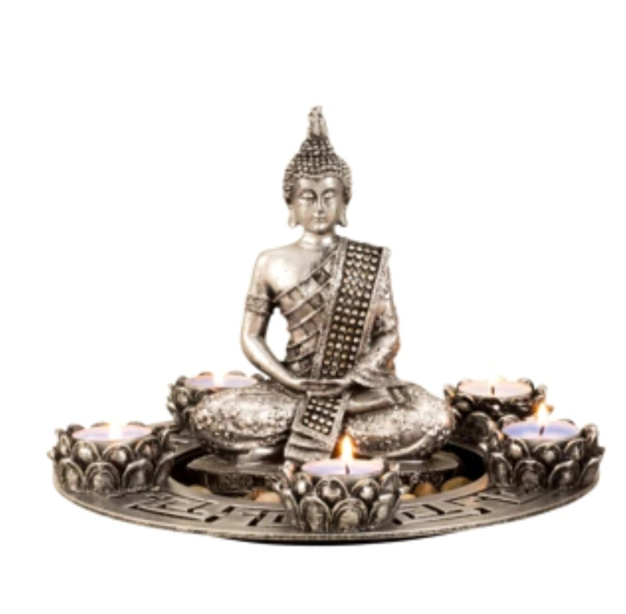 BUDDHA S�T MED 5 FYRFADSSTAGER H20 CM � S�LV