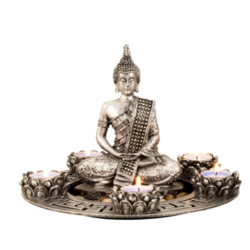 BUDDHA S�T MED 5 FYRFADSSTAGER H20 CM � S�LV