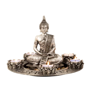 BUDDHA S�T MED 5 FYRFADSSTAGER H20 CM � S�LV