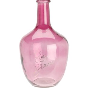 FLASKE TIL PYNT ELLER KUNSTIGE BLOMSTER  MRK ROSA MED GULD TEKST 