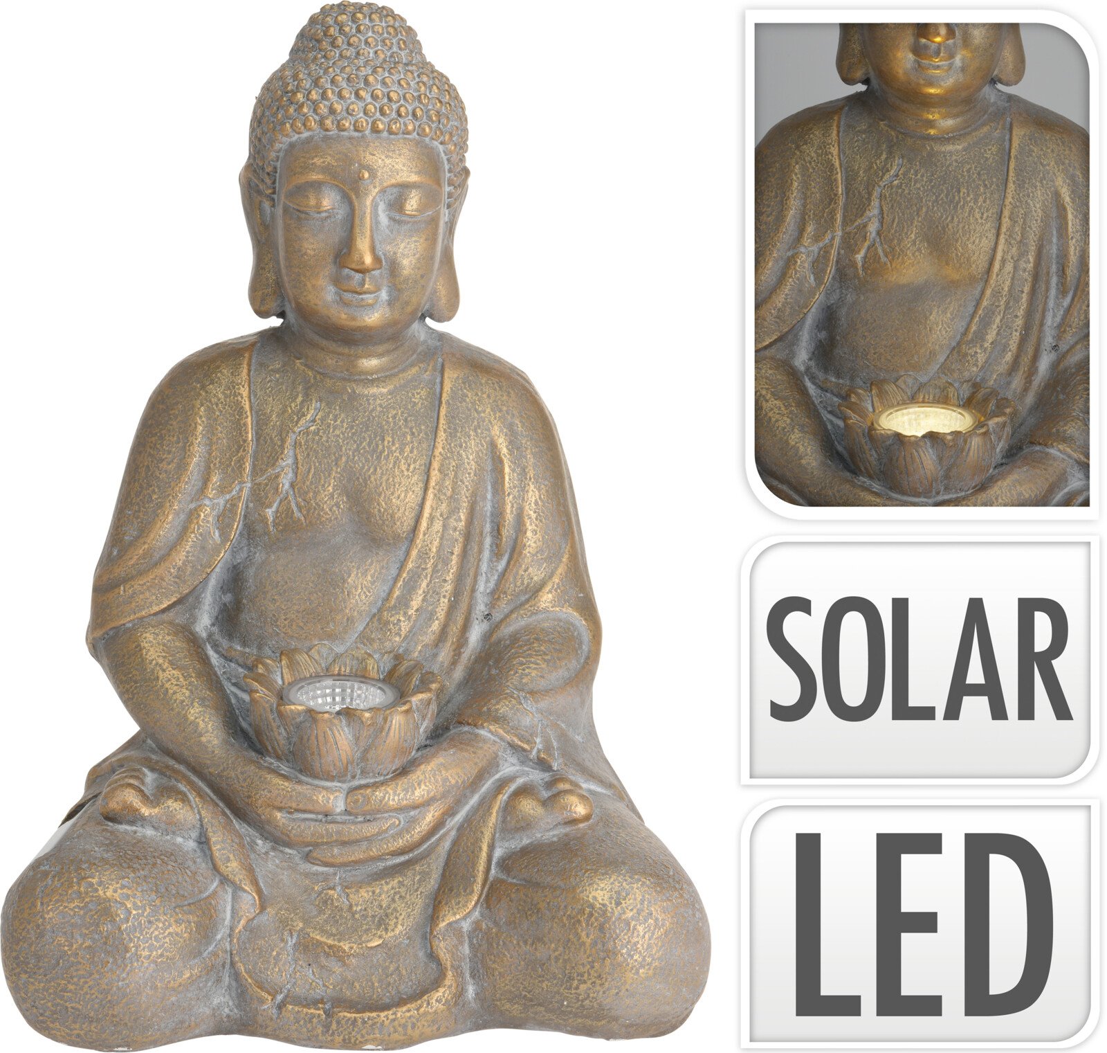 BUDDHA SIDDENDE MED SOLLYS 44 CM  GOLD 