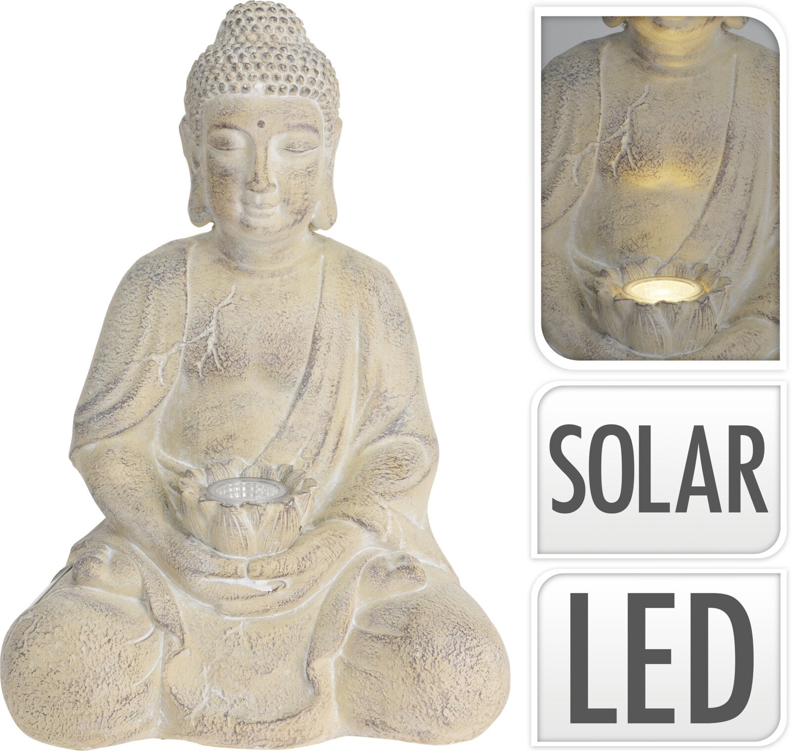 BUDDHA SIDDENDE MED SOLLYS 44 CM  CREME 