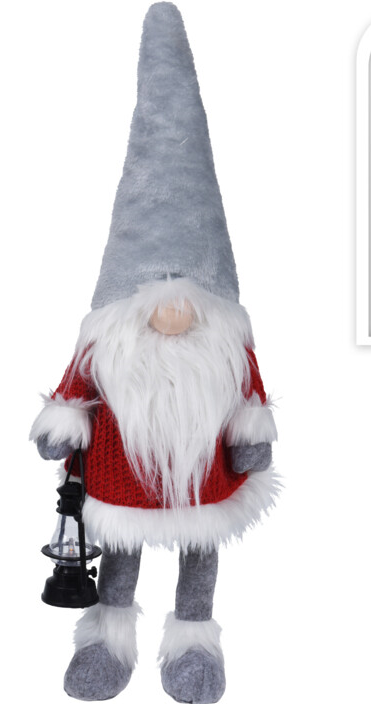 GNOME NISSE STENDE MED LED I NSEN OG LANTERNEN H51 CM  RD, HVID OG GR