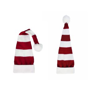 STRIKKET NISSEHUE TIL BRN OG VOKSNE  RD OG HVID STRIBET FIN