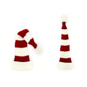 STRIKKET NISSEHUE TIL BRN OG VOKSNE  RD OG HVID STRIBET GROFT