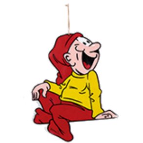 BRAMMING TR NISSE SIDDENDE MED GUL BLUSE OG RDE BUKSER   40 CM 