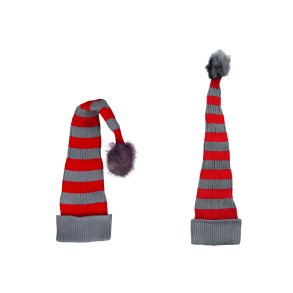 STRIKKET NISSEHUE TIL BRN OG VOKSNE  RD OG GR STRIBET FIN