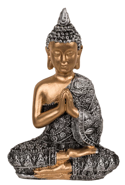 BUDDHA FIGUR SIDDENDE I ROLIG MEDITATION H13 CM � GULD, SORT OG S�LV