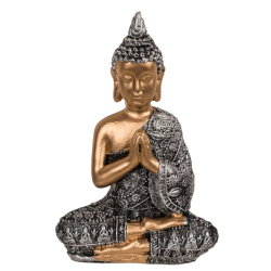 BUDDHA FIGUR SIDDENDE I ROLIG MEDITATION H13 CM � GULD, SORT OG S�LV