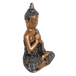 BUDDHA FIGUR SIDDENDE I ROLIG MEDITATION H13 CM � GULD, SORT OG S�LV