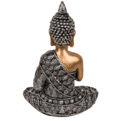BUDDHA FIGUR SIDDENDE I ROLIG MEDITATION H13 CM � GULD, SORT OG S�LV