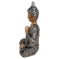 BUDDHA FIGUR SIDDENDE I ROLIG MEDITATION H13 CM � GULD, SORT OG S�LV