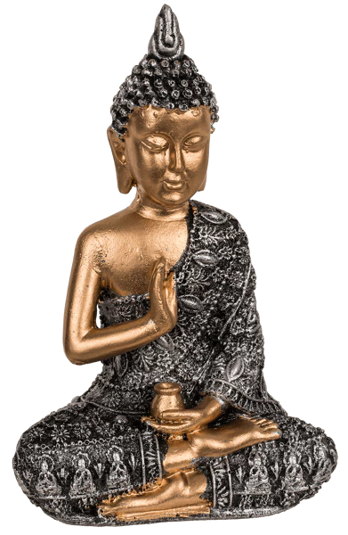 BUDDHA FIGUR SIDDENDE I EN HARMONISK MEDITATION H13 CM � GULD, SORT OG S�LV