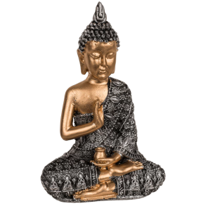 BUDDHA FIGUR SIDDENDE I EN HARMONISK MEDITATION H13 CM � GULD, SORT OG S�LV