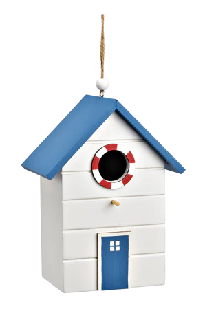 FUGLEHUS H18 CM � HVID MED BL�T TAG